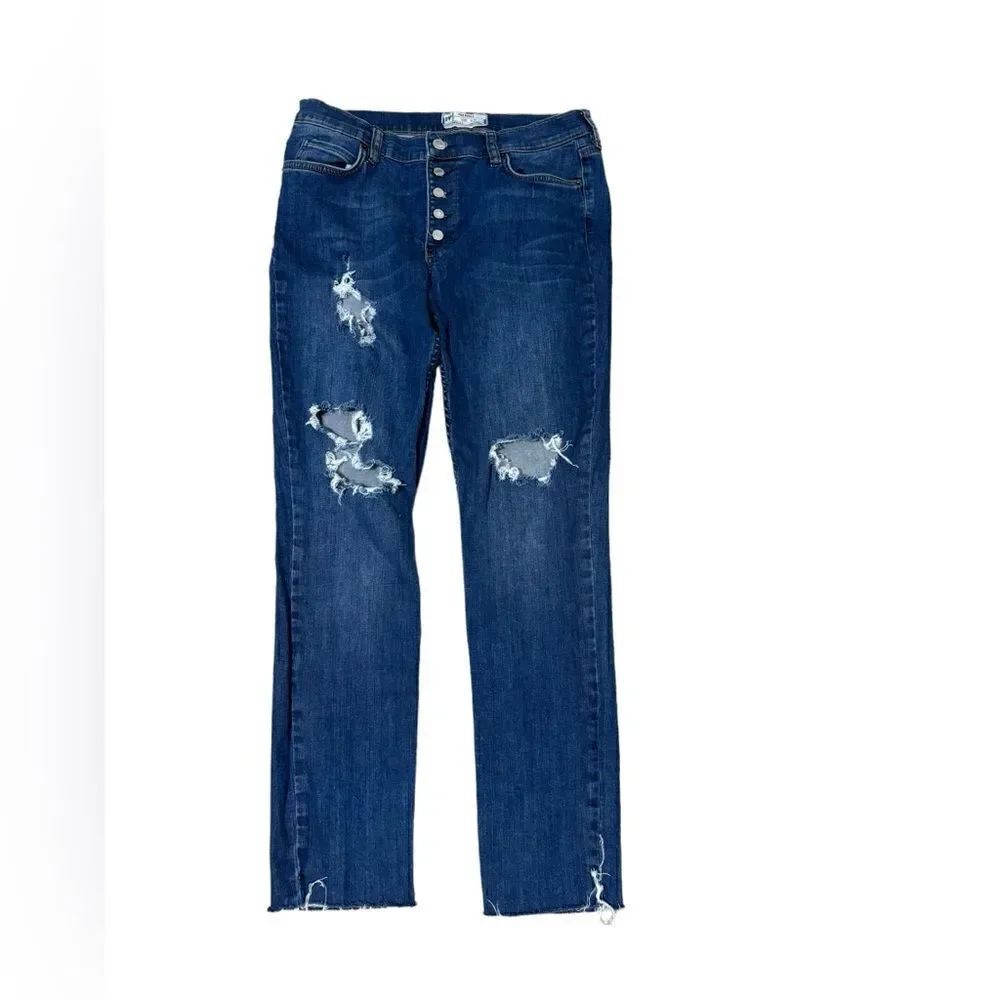 FREE PEOPLE Dark Wash,Destroyed,Frayed Hem,Crop Skinny Jeans